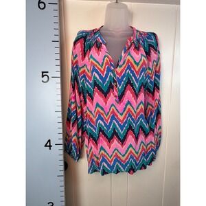 Lilly Pulitzer 100% Silk Elsa Blouse Hearts a Flutter Chevron Popover Top Large